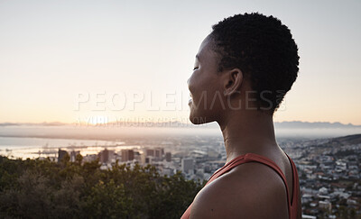 Buy stock photo Face profile, meditation and black woman outdoor for peace and freedom. Sunset, zen chakra and happy female practicing yoga, training or pilates for wellness, health and mindfulness exercise alone.