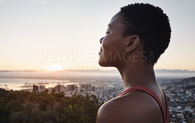 Buy stock photo Fitness, breathing or zen black woman in meditation in nature thinking of wellness goals, vision or target. Healthy, spiritual or peaceful happy African girl smiles or relaxing to meditate at sunset 