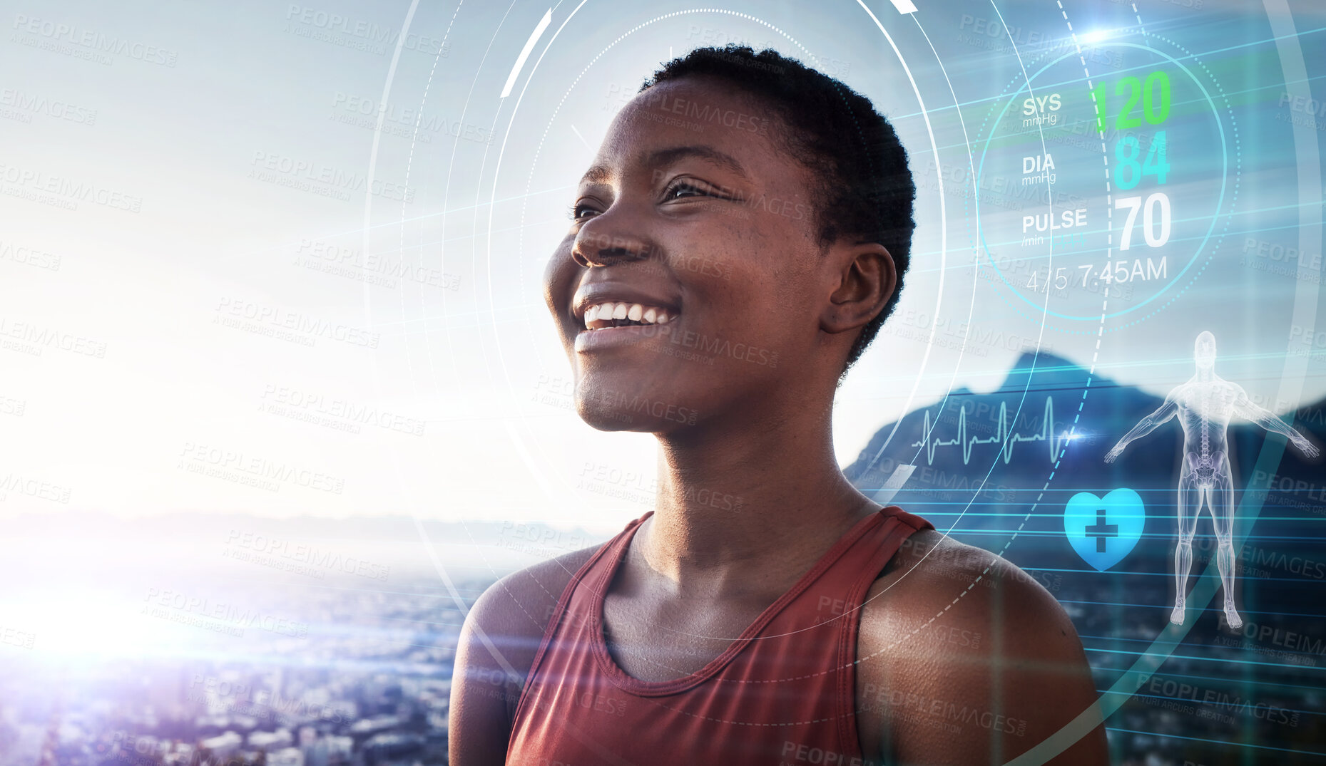 Buy stock photo Black woman, fitness and exercise while outdoor with a smile after running with a digital hologram, overlay or double exposure cardiovascular health. Athlete with futuristic ai technology on a run