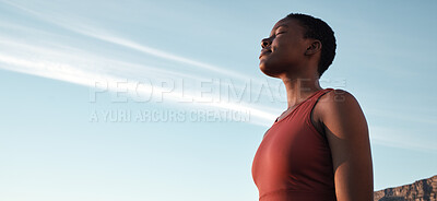 Buy stock photo Fitness, breath and mockup with a sports black woman taking a break outdoor against a clear blue sky. Exercise, breathing and motivation with a female athlete or runner outside during summer in space