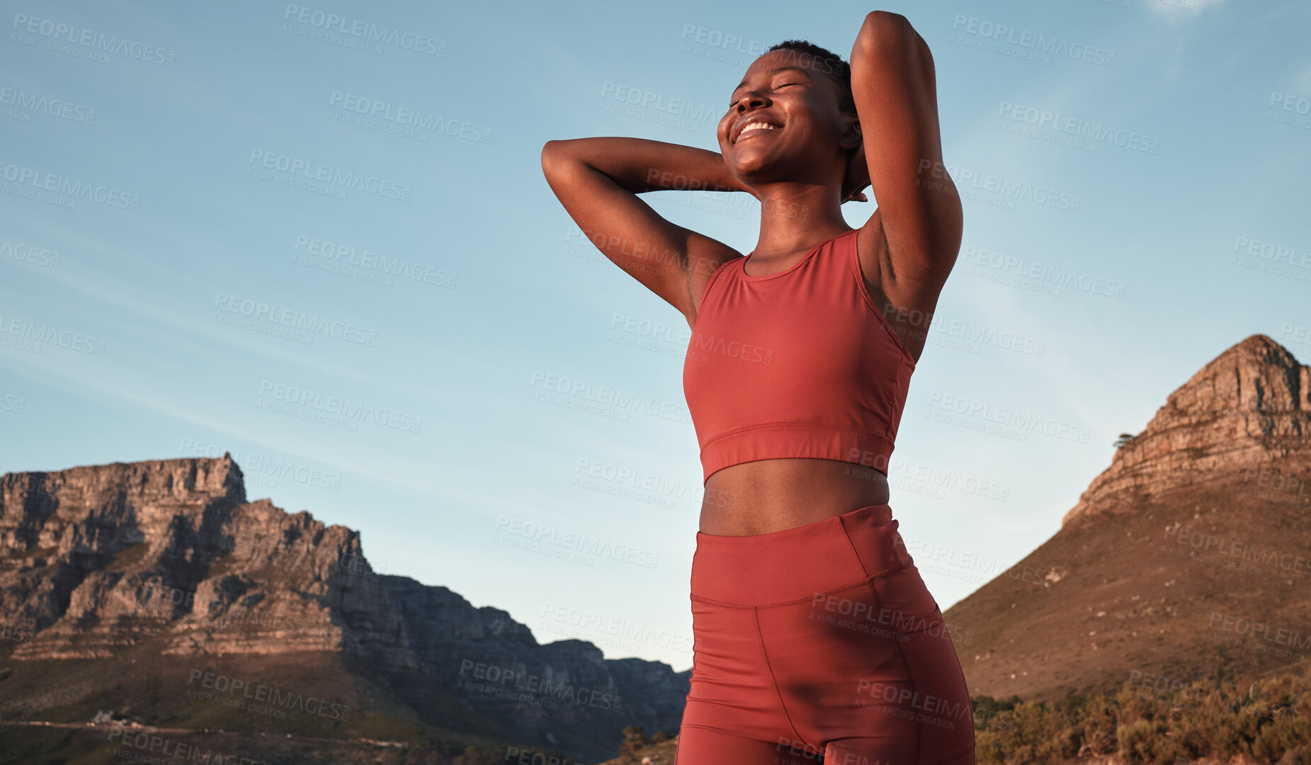 Buy stock photo Freedom, running and mountains with black woman in nature for workout, sports and endurance training. Stamina, cardio and fitness with runner at sunset for adventure, jogging and trekking achievement