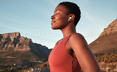 Buy stock photo Calm black woman, outdoor fitness and breathing in nature, Cape Town mountains and meditation of motivation, health or relax mindset. Female athlete, breathe and workout peace for zen sports wellness