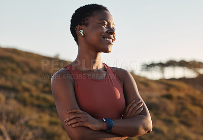 Buy stock photo Black woman runner, smile and music with earphones, nature and hill for fitness, happiness and peace. Outdoor exercise, streaming and smartwatch for girl on training, running or wellness adventure