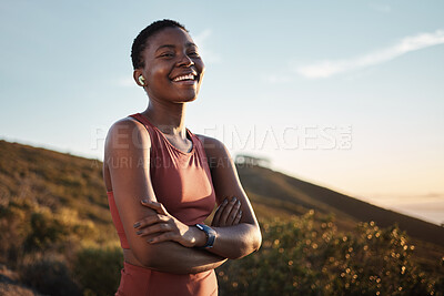 Buy stock photo Portrait, black woman and arms crossed outdoor, exercise or fitness for wellness, health or smile. Nigerian female, girl and athlete rest, nature and workout for training, sports or practice to relax