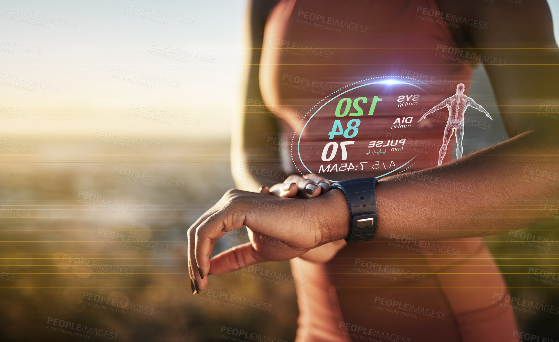 Buy stock photo Runner, smartwatch hologram and woman hands for fitness, exercise and reading for health in nature. Black woman, 3d holographic overlay or outdoor workout for wellness, healthy body and wearable tech