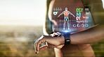 Fitness hands, smart watch or future data on healthcare workout, body training or exercise heart rate in sunset nature. Runner zoom, sports or black woman on time technology, 3d scan or abstract app