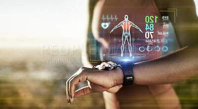 Buy stock photo Fitness hands, smart watch or future data on healthcare workout, body training or exercise heart rate in sunset nature. Runner zoom, sports or black woman on time technology, 3d scan or abstract app