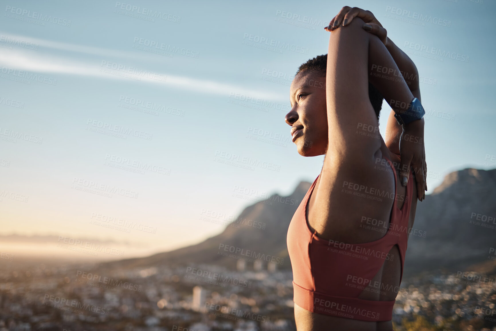 Buy stock photo Black woman, fitness or stretching arms in nature workout, training or sunset exercise in muscle pain relief, tension release or healthcare wellness. Runner, sports athlete or body warm up at sunrise