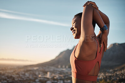 Buy stock photo Mountain, fitness and stretching woman with smile for running goals, success or training freedom on blue sky mockup. Muscle wellness of sports black woman or runner in nature for workout and exercise