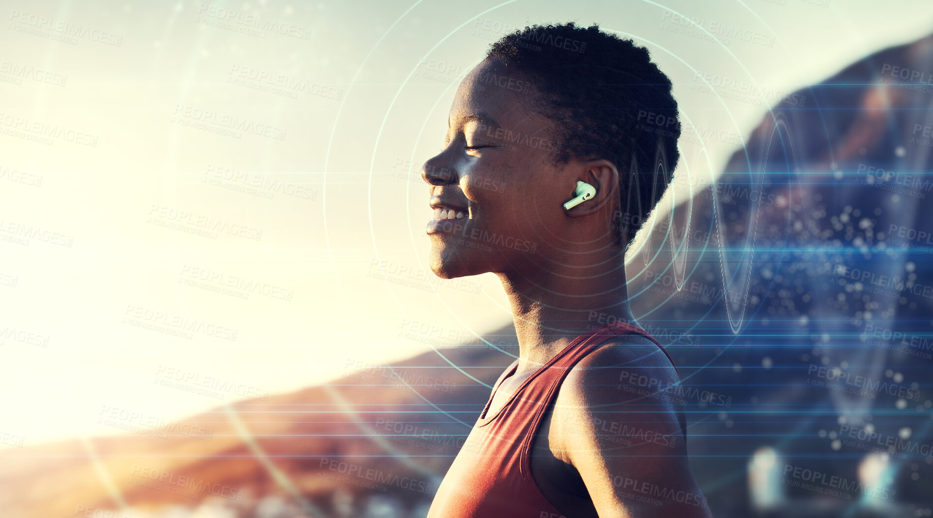 Buy stock photo Black woman, outdoor and listening to music in nature with overlay or double exposure of future audio in nature for peace, freedom and peace. Face of female with earphones while streaming sound