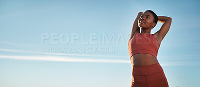 Buy stock photo Exercise, black woman and stretching outdoor, fitness and workout for wellness, health and relax. Sky, mockup or African American female training, practice and athlete commitment, cardio or endurance