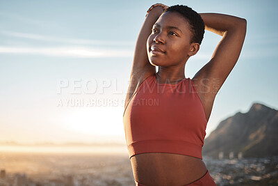 Buy stock photo Fitness, stretching and mockup with a sports black woman outdoor in nature at sunset for exercise. Workout, thinking and motivation with a female athlete doing her warm up with copy space