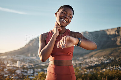 Buy stock photo Black woman, fitness or smart watch for pulse check in nature workout, training or sunset exercise for cardiovascular healthcare. Smile, happy or sports runner with heart rate clock for body wellness