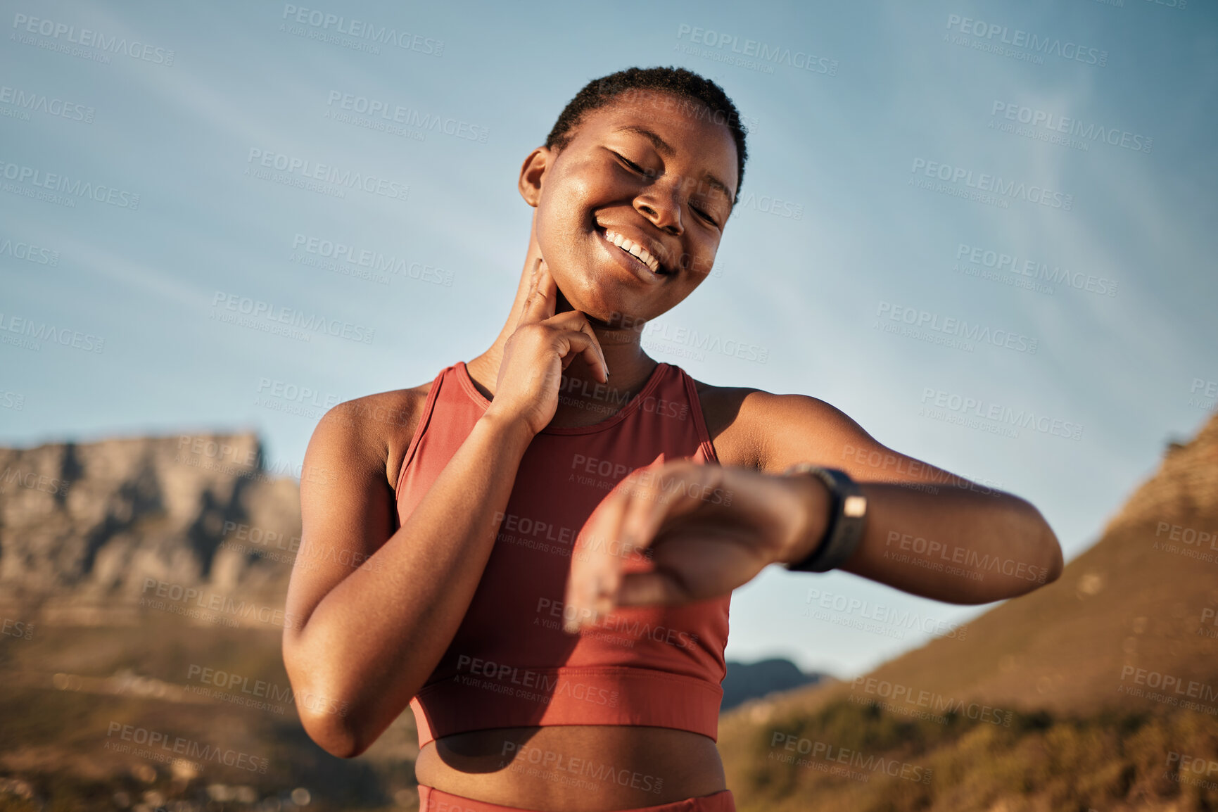 Buy stock photo Heart rate, smartwatch and mountain with black woman running for fitness tracker, cardio and monitor goals. Time, sports and workout tracker with girl runner checking wearable technology for progress