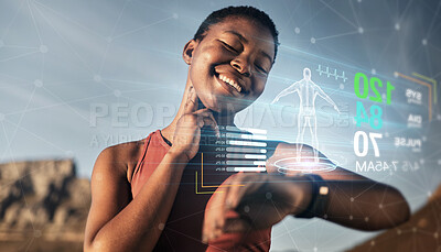 Buy stock photo Black woman, fitness or futuristic smart watch in pulse check, heart rate or healthcare management, sunset workout or training exercise. Happy smile, sports runner or timer tech 3d of body biometrics