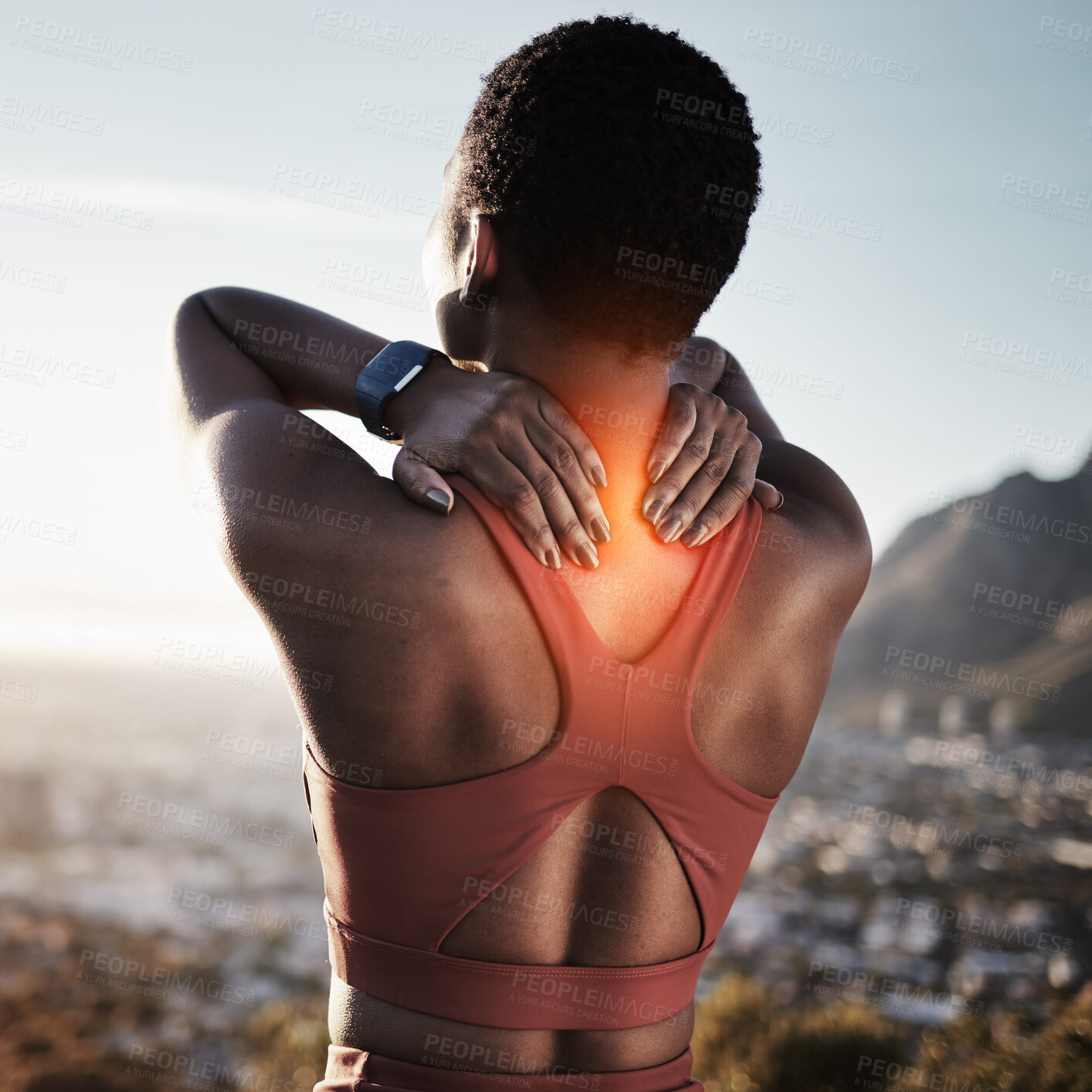 Buy stock photo Back pain, fitness and black woman in nature experience running training accident in mountains. Woman athlete back on a run feeling pain from exercise, runner and workout injury on a mountain path