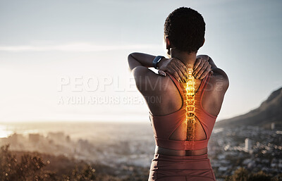 Buy stock photo Spine injury, skeleton and back pain of fitness woman on mountains with sky background for sports exercise. Athlete, backache and red body bones for first aid emergency, joint pain and muscle anatomy