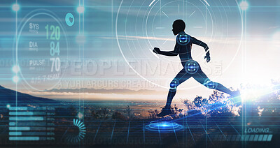 Buy stock photo Hologram, athlete and running for wellness, exercise for healthy lifestyle and track heart rate. Male, futuristic and runner with digital sports, double exposure for marathon and fitness training.