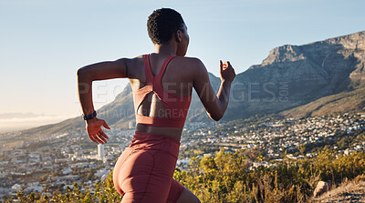 Buy stock photo Back, black woman and running in nature, workout and training for wellness, health and fitness. African American female, trainer and runner outdoor, practice for marathon and exercise for cardio.