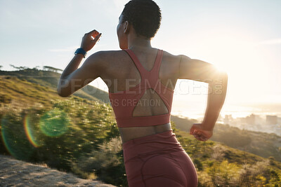 Buy stock photo Fitness, running and energy with black woman in nature for sprinting, stamina and workout. Exercise, sports and cardio with girl runner training for endurance, marathon and performance challenge
