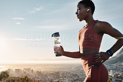 Buy stock photo Black woman, water bottle or earphones in running workout goals, healthcare wellness training or sunset city exercise. Fitness drink, sports athlete or runner listening to motivation radio at sunrise