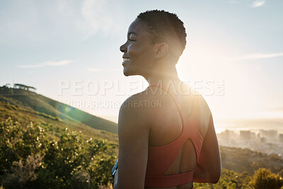 Buy stock photo Happy black woman, fitness and thinking in nature, mountains and sunshine flare for motivation, happiness and positive mindset. Female athlete, smile and mindfulness with vision, wellness and energy 