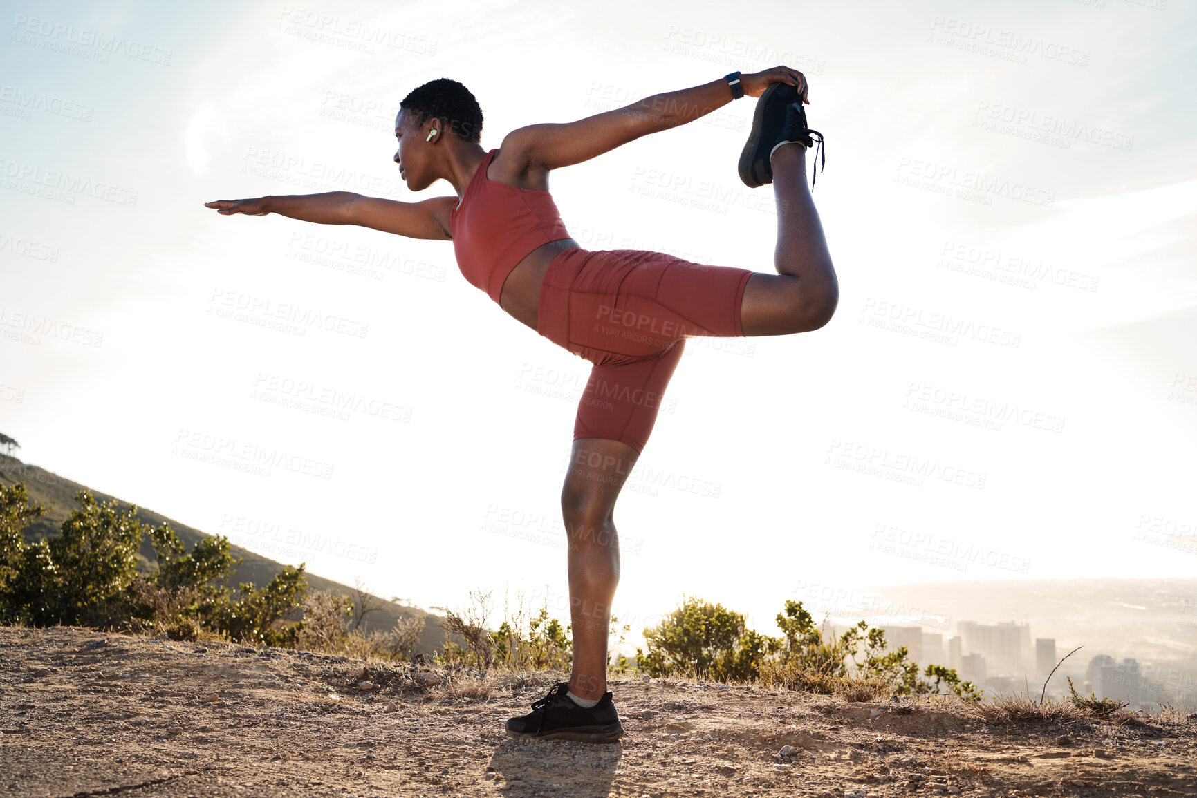 Buy stock photo Yoga stretching, fitness and black woman training for health, exercise and running on the mountain in Nepal. Pilates, flexibility and African athlete in nature for a workout, sports or cardio