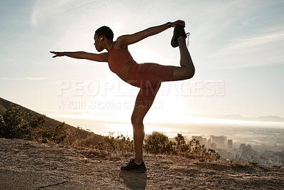 Buy stock photo Black woman, fitness and stretching on mountain for exercise, cardio workout or balance in the outdoors. African American woman in warm up yoga stretch during sunset for healthy lifestyle in nature