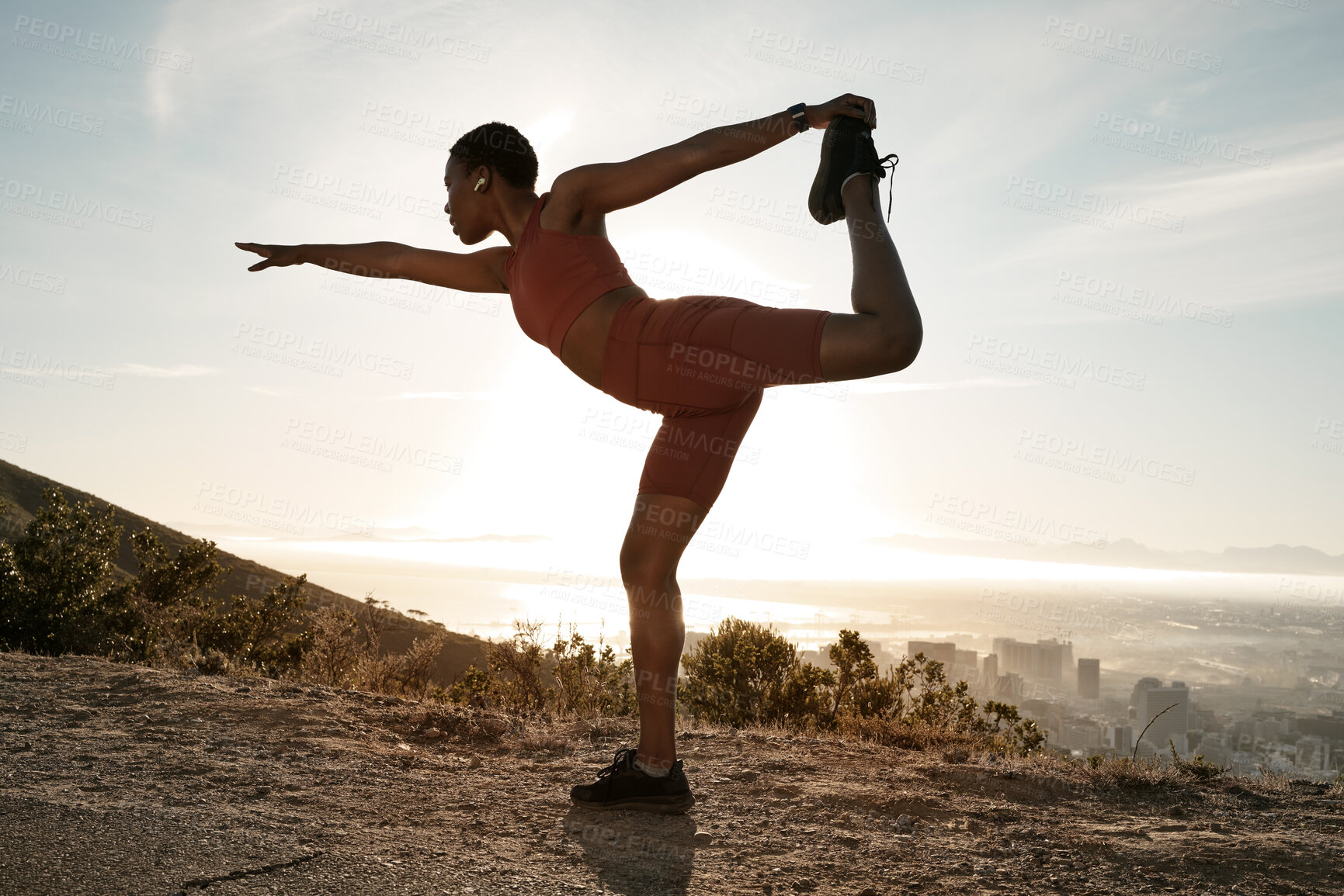 Buy stock photo Black woman, fitness and stretching on mountain for exercise, cardio workout or balance in the outdoors. African American woman in warm up yoga stretch during sunset for healthy lifestyle in nature