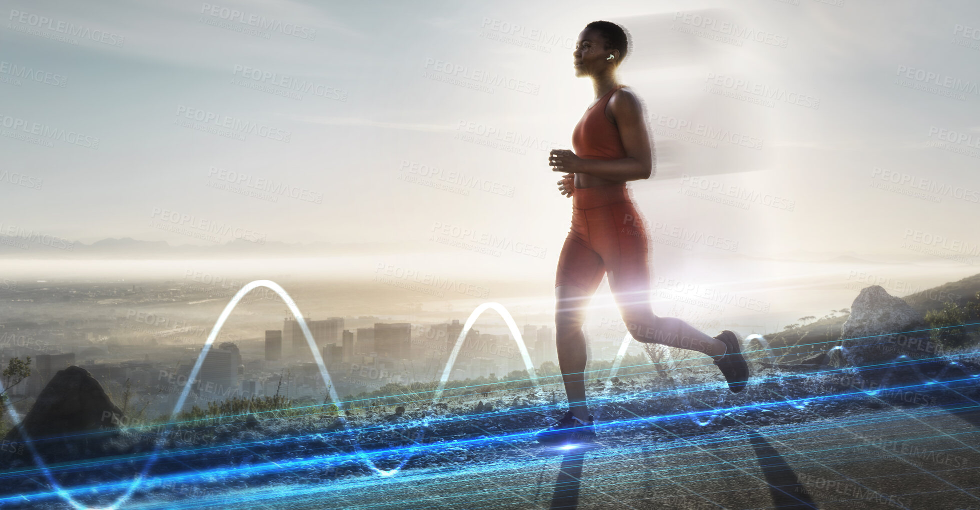 Buy stock photo Heart rate hologram, running and black woman on mountains with healthy breath technology. Digital light, woman and runner on a mountain road with training, exercise and health wellness outdoor