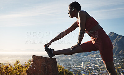 Buy stock photo Black woman, stretching and outdoor exercise, workout and training for wellness, health and fitness. African American female, athlete or runner on mountain, motivation and running for cardio or relax