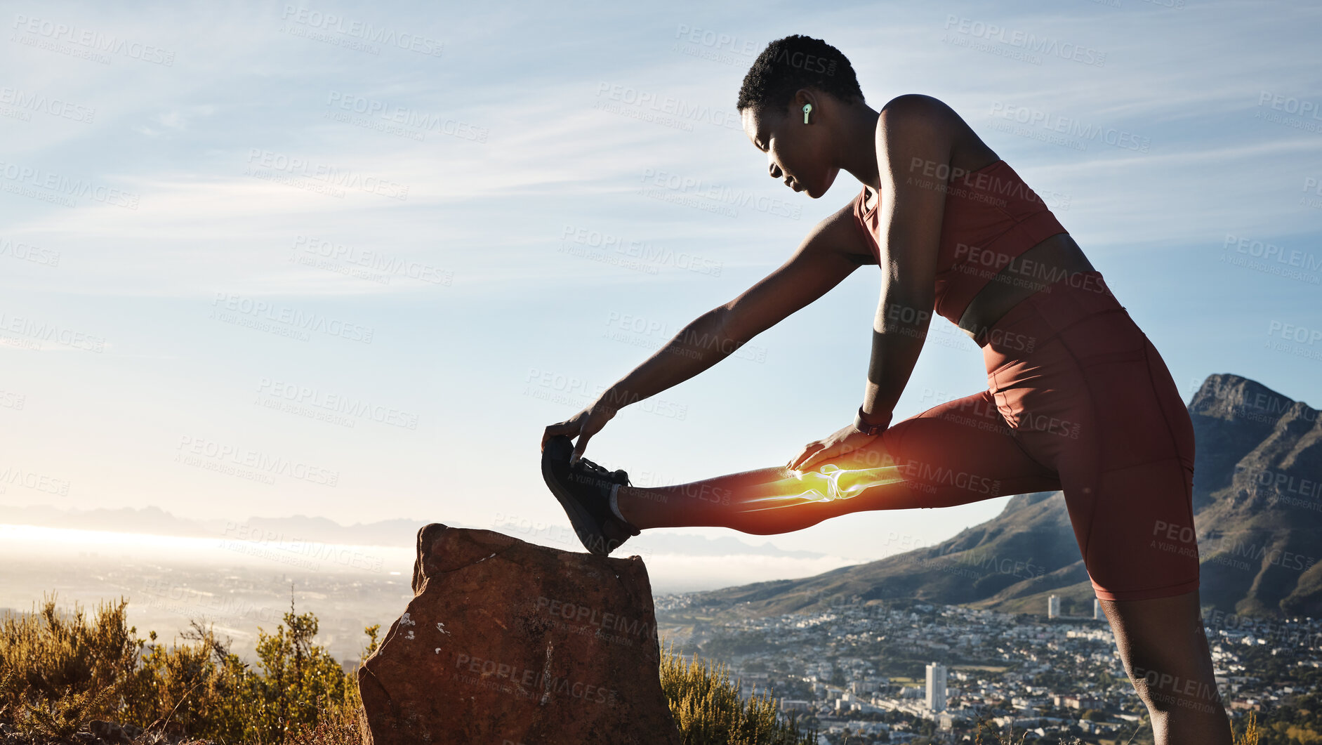 Buy stock photo Fitness, mountain and black woman stretching legs ready to start workout, running and marathon training. Sports, exercise and x ray of knee of female athlete for wellness, performance and body health