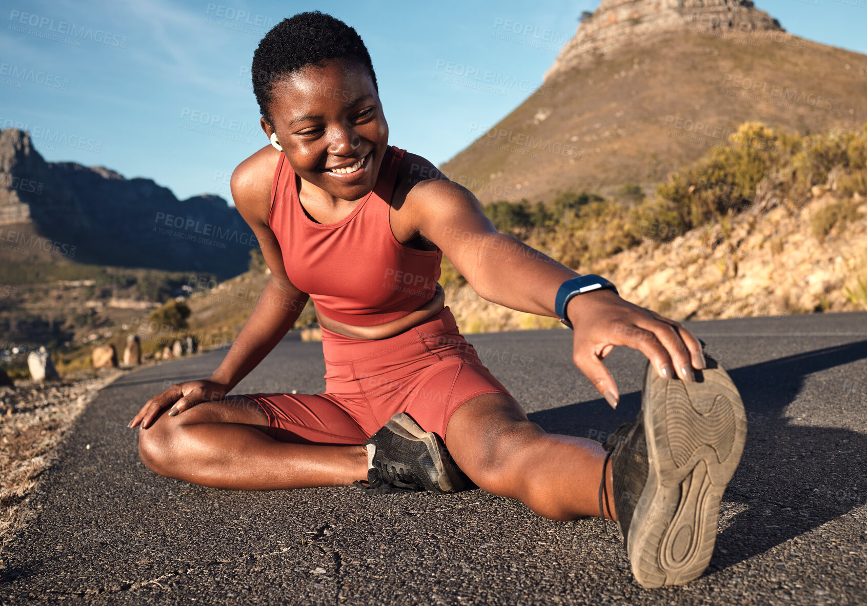 Buy stock photo Stretching legs, fitness and black woman in the street for health training, sports and running smile. Happy, warm up and African runner in the road for start of workout and morning cardio