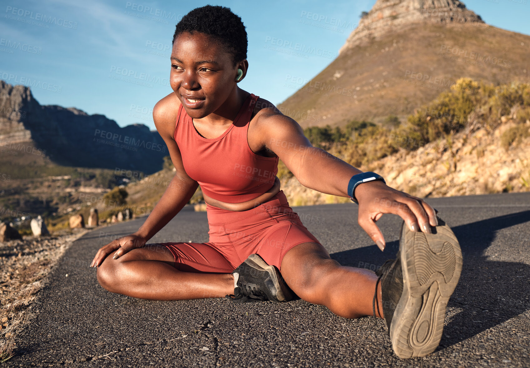 Buy stock photo Fitness, black woman and stretching legs on mountain, urban road and Cape Town for muscle wellness, healthy body or power. Athlete, warm up and focus for workout, cardio exercise or running in nature