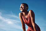 Fitness, black woman and smile in relax for running, exercise or workout in the nature outdoors. Happy African American female runner smiling on a break from run, exercising and breathing fresh air