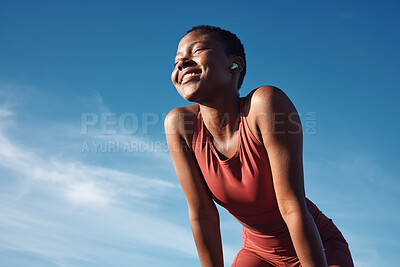 Buy stock photo Fitness, black woman and smile in relax for running, exercise or workout in the nature outdoors. Happy African American female runner smiling on a break from run, exercising and breathing fresh air