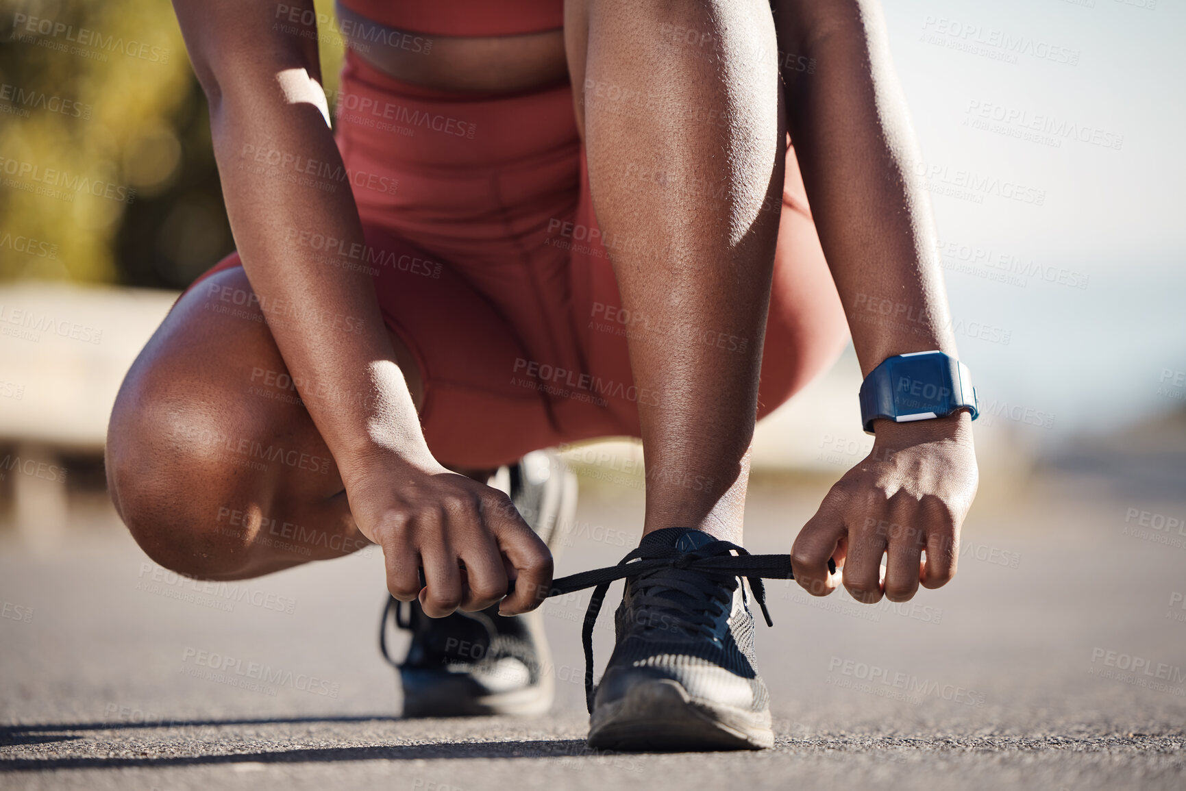 Buy stock photo Start, fitness and shoes of a runner in the street for training, sports and marathon in Brazil. Running, ready and woman tying lace for cardio exercise, workout and healthy motivation in the road