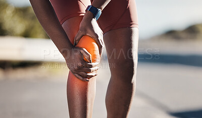 Buy stock photo Knee injury, running pain and woman in street for fitness training, emergency and body accident in Germany. Anatomy, exercise and painful muscle of a runner, hurt leg and medical problem in the road