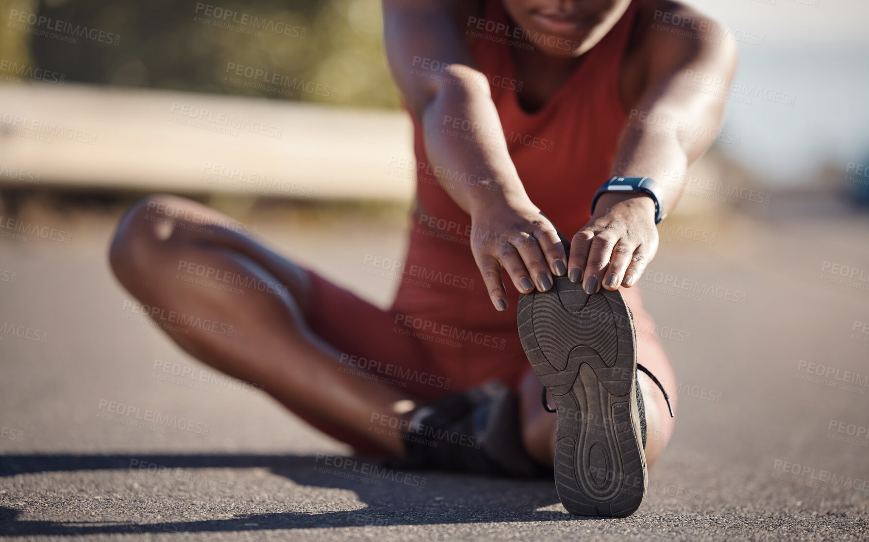 Buy stock photo Black woman stretching foot, runner and fitness in urban street, start running with warm up and cardio for sport. Exercise outdoor, healthy active life and body workout with athlete ready for run.