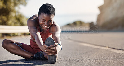 Buy stock photo Black woman runner, stretching and street with smile, focus and ready for exercise, training or goal. Woman, happy and warm up muscle for speed, running and fitness in nature for wellness in nature