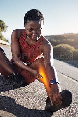 Buy stock photo Fitness, black woman and leg injury from sports, accident or running during workout exercise in the nature outdoors. African woman runner suffering in painful legs from muscle tension, sore or bruise