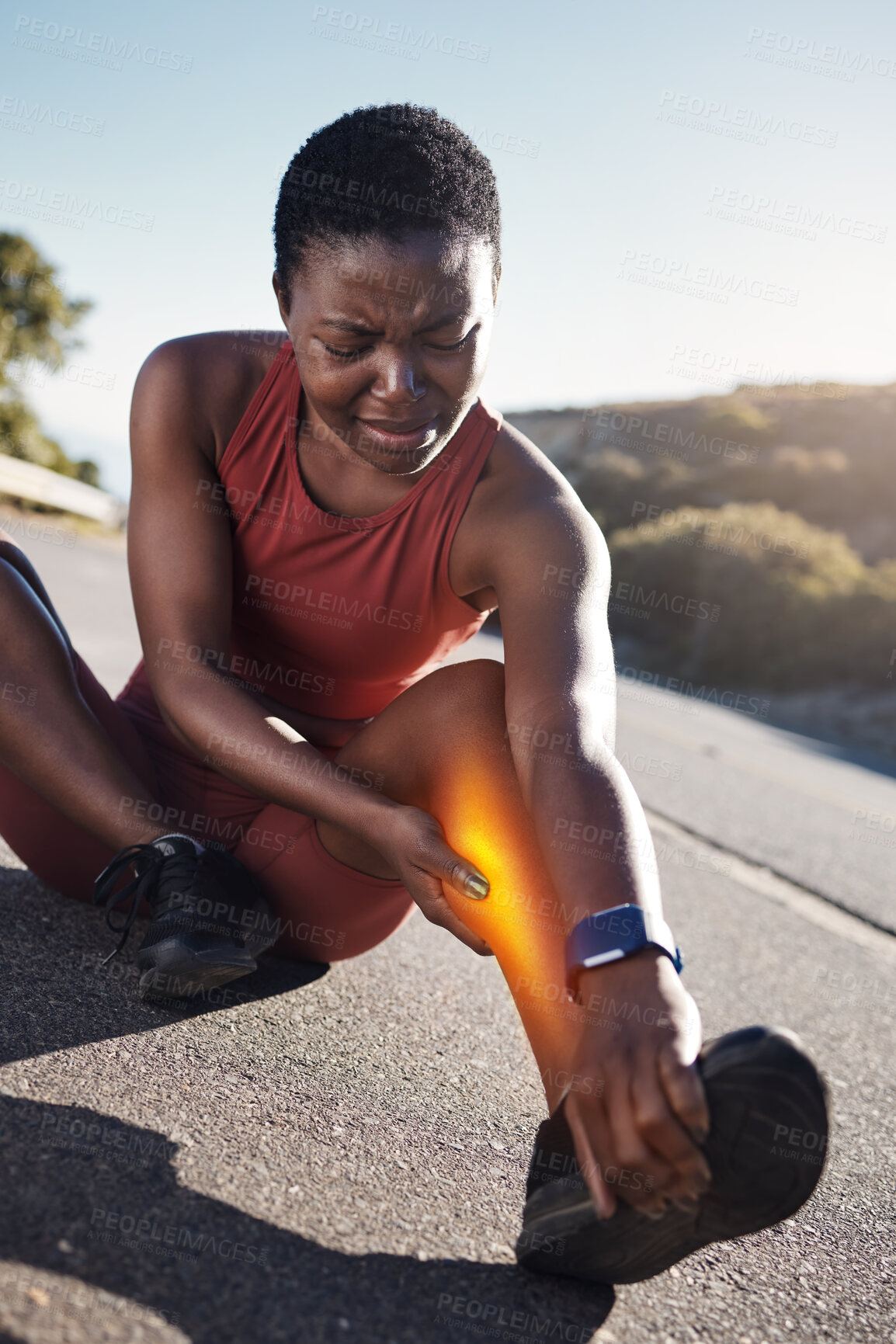 Buy stock photo Fitness, black woman and leg injury from sports, accident or running during workout exercise in the nature outdoors. African woman runner suffering in painful legs from muscle tension, sore or bruise