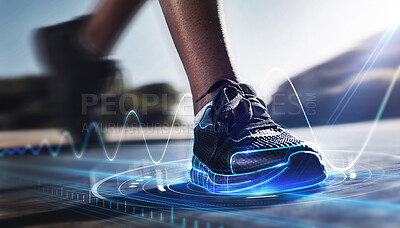 Buy stock photo Hologram, shoes and sports for fitness, run and speed for health tracking outdoor. Future, sneakers and graphics for workout, exercise and balance for routine, training for marathon and wellness.