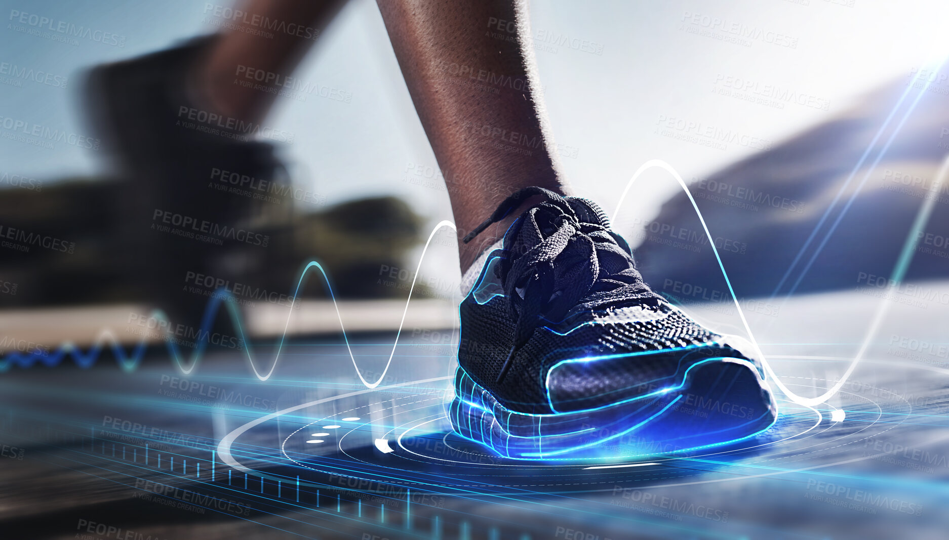 Buy stock photo Hologram, shoes and sports for fitness, run and speed for health tracking outdoor. Future, sneakers and graphics for workout, exercise and balance for routine, training for marathon and wellness.