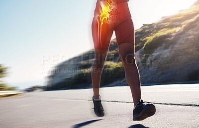Buy stock photo Motion blur, running and woman with bone anatomy on hips, legs and body of exercise, marathon workout or sports training. Closeup runner, athlete and fast energy, skeleton or glow with graphic muscle