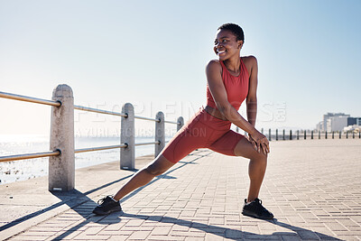 Buy stock photo Black woman, stretching legs and beach fitness for exercise workout motivation or runner sports warm up. African woman, happy athlete and running wellness goal or cardio stretch on ocean sidewalk 