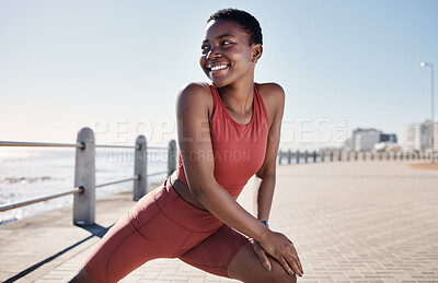 Buy stock photo Beach, fitness or happy black woman stretching in training or exercise warm up to start running workout in summer. Cape Town, mindset or healthy African girl runner smiles thinking of goals or vision
