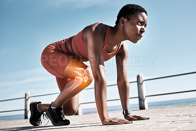 Buy stock photo Start, running and race with black woman at beach for training, endurance and marathon. Energy, performance. and sports with girl runner on promenade for cardio challenge, competition and exercise  