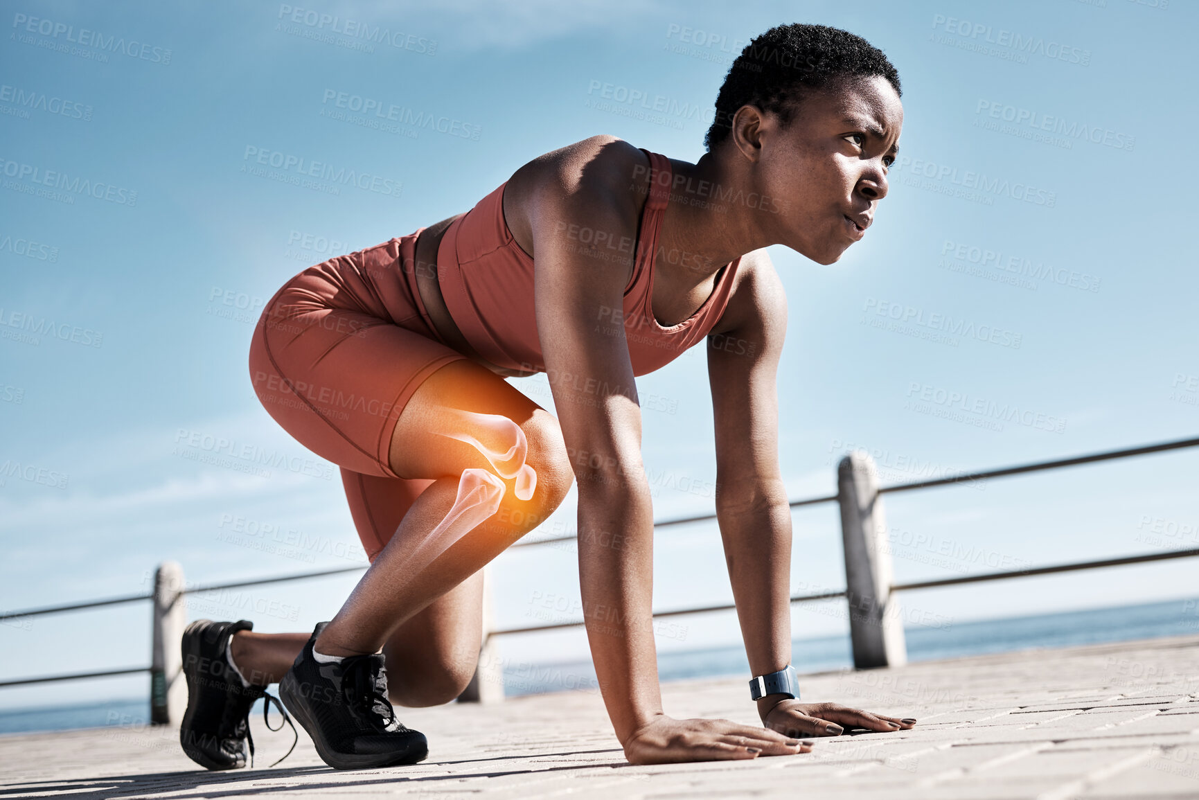 Buy stock photo Start, running and race with black woman at beach for training, endurance and marathon. Energy, performance. and sports with girl runner on promenade for cardio challenge, competition and exercise  