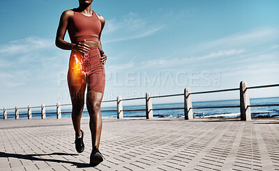 Buy stock photo Running, x ray and body of an black woman training, fitness muscle and exercise for health on the promenade in Australia. Sports burn, strong and legs of an African athlete at the sea for cardio